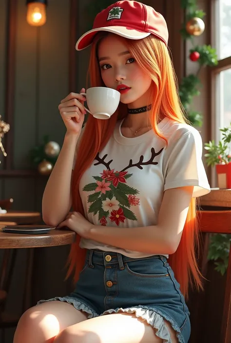   young Korean woman with a delicate and harmonious face . His hair,  extremely long and straight ,  is a vibrant orange color ,  with white locks that intertwine along her mane , creating a fascinating contrast. Sus labios,  of an intense dark red , stand...