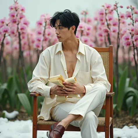 full body, attractive Korean man, aged 20, muscular worked up large pectoral athletic body with white and clean skin, melancholic long and thin black eyes, long eyebrows, subtle jaw, European shaped nose, hydrated lips, messy black hair with comma cut, he ...