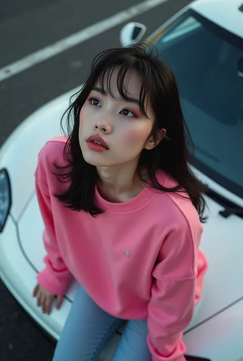 high angle photo of a gorgeous young woman in the style of cyberpunk, realistic skin texture, looks up,pink sweatshirt,posing on a car, 1 / 2 body crop, 8 5 mm art lens, f 1. 2, sharp focus, 8 k high definition, insanely detailed, intricate, elegant, art b...