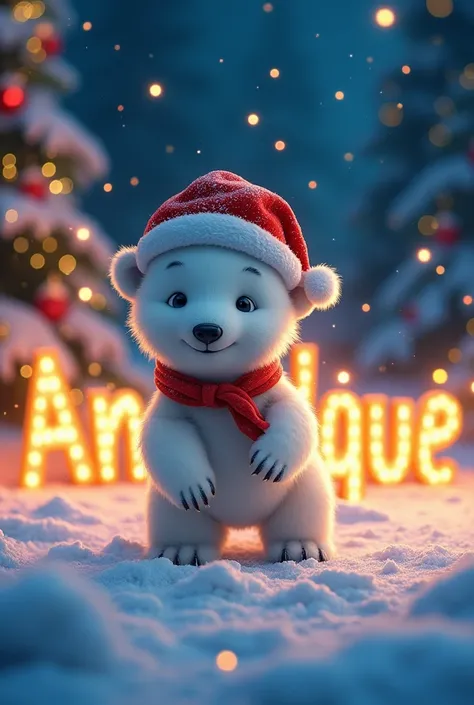 In large and gold letters with colored lights the word ANGELIQUE and with Christmas motifs and a polar bear cub playing in the snow and wearing a red Santa Claus hat and in the background a winter landscape and a star shining in the sky