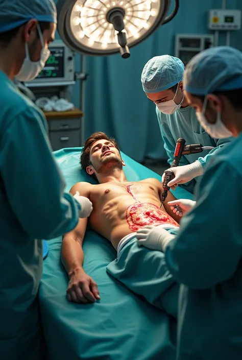 A young man is lying on the operating table and male surgeons drill his stomach with a real drill for me for educational purposes 