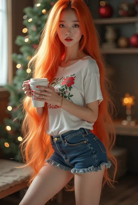   young Korean woman with a delicate and harmonious face . His hair,  extremely long and straight ,  is a vibrant orange color ,  with white locks that intertwine along her mane , creating a fascinating contrast. Sus labios,  of an intense dark red , stand...