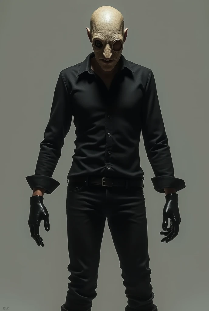 man, leather mask  ,  that has only one eye , polera negra,  black pants , inclined posture,  black gloves black boots, pale, Slim lunatic
