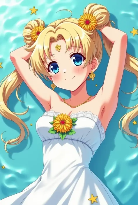  An anime girl Sailor Moon , Lying in the water 、 with flowers in her hair  ,  Beautiful Anime Girls,  Cute anime bride  、  Wearing a pretty white dress with golden flowers .over her bust  
,  Illustration of splashes from anime sailor moon ,   Gwaiz in pi...