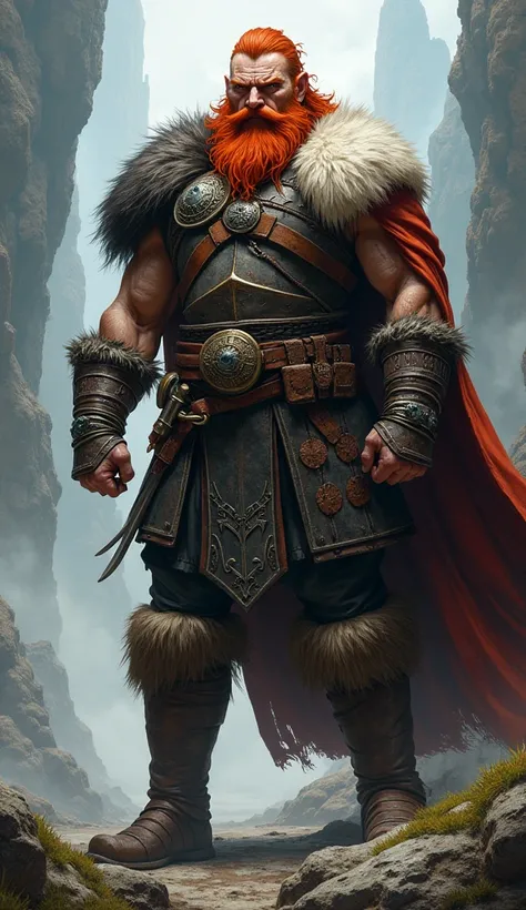 red-haired man, skin scars, viking, viking clothing, strong, muscular, serious facial expression, rpg art style, fantasy art style