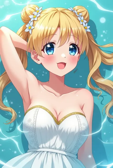  An anime girl Sailor Moon , Lying in the water 、 with flowers in her hair  ,  Beautiful Anime Girls,  Cute anime bride  、  Wearing a pretty white dress with gold over her bust 
,  Illustration of anime splashes sailor moon ,   Gwaiz in pixiv artstation  ,...