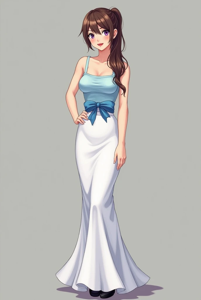 female
Adult
27 years old
brown hair
ponytail hair 
pigtail hair
long ponytail
long pigtail
purple eyes
light blue tank top
blue waistband with bow
Long skirt
Long skirt mermaid
White long skirt 
Covered legs with long skirt 
Covered feets with long skirt ...