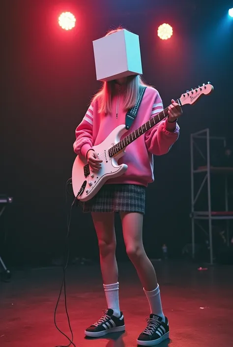 


  realistic full-body photograph  ,   bulbs with a filter simulating a Polaroid photograph  ,   with the iconic white frames  ,  of a 16-year-old Japanese girl  .  She has a long pink mane with straight bangs and wears a avocado empty box over her head ...