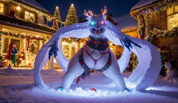 a peaceful holiday village covered in snow (with Christmas lights and Christmas decorations) is being destroyed by a ravaging ice dragon (glowing eyes, ice breath, menacing form, demonic appearance), a sexy female giant (wearing chainmail, wielding an over...