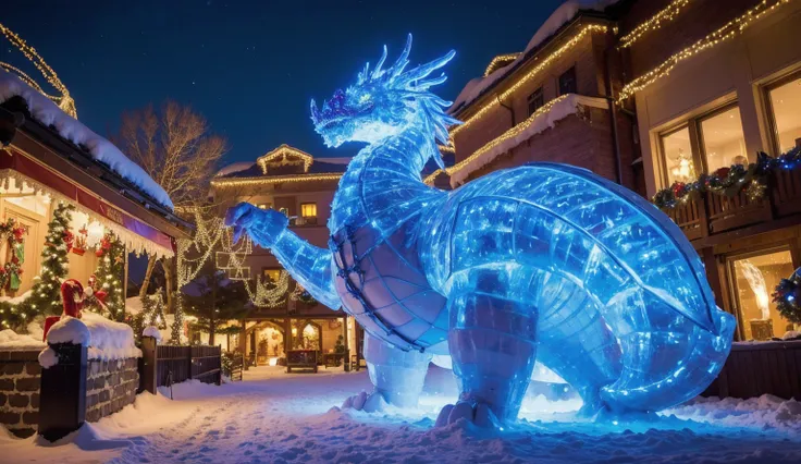 a peaceful holiday village covered in snow (with Christmas lights and Christmas decorations) is being destroyed by a ravaging ice dragon (glowing eyes, ice breath, menacing form, demonic appearance), a sexy female giant (wearing chainmail, wielding an over...