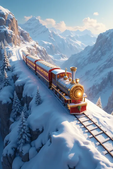 Nous sommes en hauteur et nous voyons en bas dans un chemin de montagne enneigé un train de Noël de toute beauté brillant blanc et or qui roule sur les rails