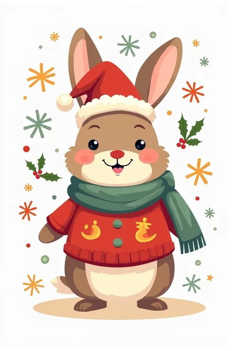  Create an image of a rabbit wearing a Santas hat and Christmas clothing,  surrounded by typical Christmas details , mostly snowflakes .  Flat vector image with no depth . fondo blanco.