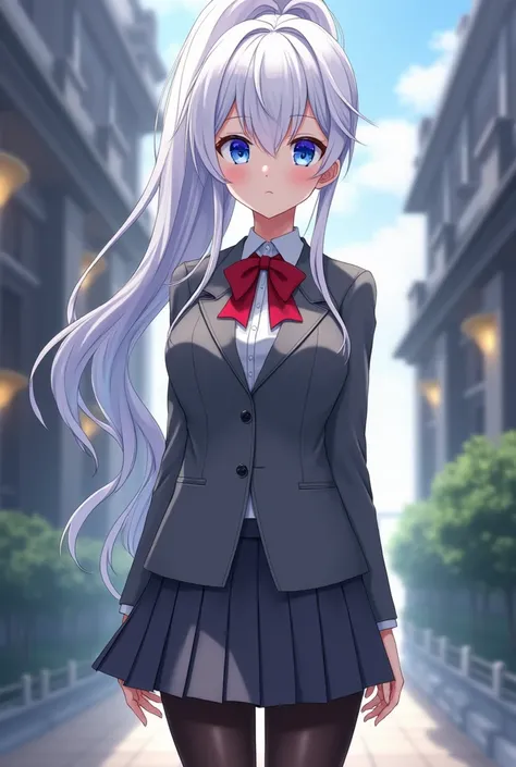 An anime-style character, a 16-year-old girl, with a youthful, modern aesthetic reminiscent of Mushoku Tensei (Mobuseka), set in a magical academy. She has long, silky white hair tied in a high ponytail with some loose strands framing her face, giving her ...