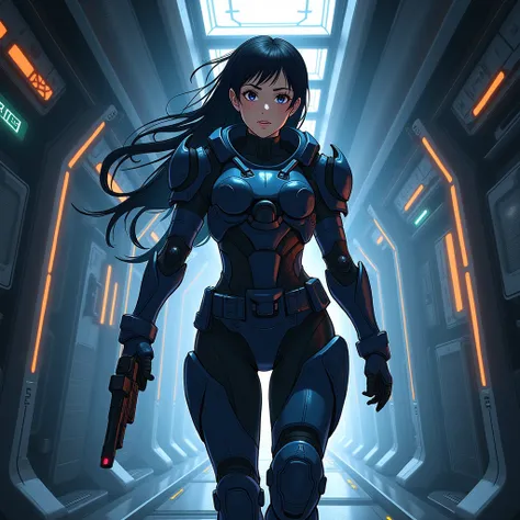  anime style . An image that suggests the evolution of a mass effect space soldier in a ship corridor.