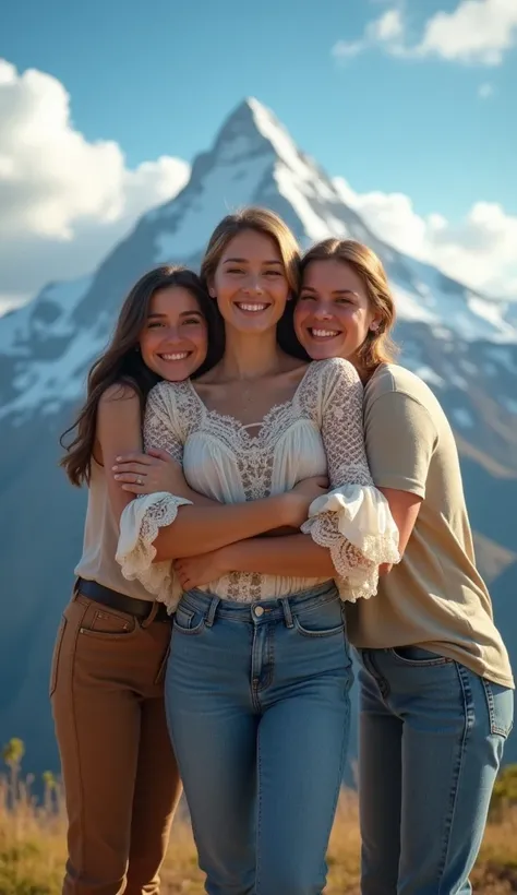 a woman dressed in jeans and a lacy blouse with fluffy sleeves on top of a mountain embraced by people