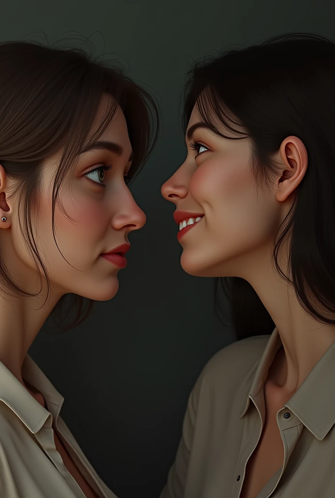 Create a sad realistic woman and a cheerful woman looking at each other.
