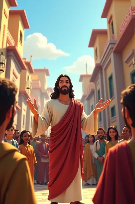 Jesus preaching in a public place, animated characters