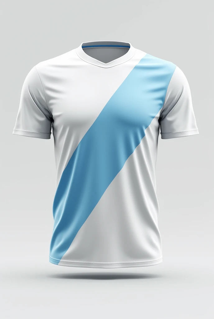 A white soccer t-shirt with a light blue stripe crossed from shoulder to hip