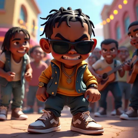 animated character image of small mean black man braids wearing black sunglasses with sneakers performing music with people in the background