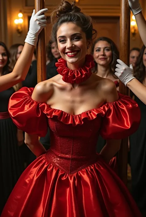 (realistic photograph sideways close up), (a smiling beautiful Caucasian lady with (messy hair bun), she is bowing down wearing a (excessive shiny red silk gown with (long gigantic puff sleeves), (and with an ultra high tight stand-up collar up to her chee...