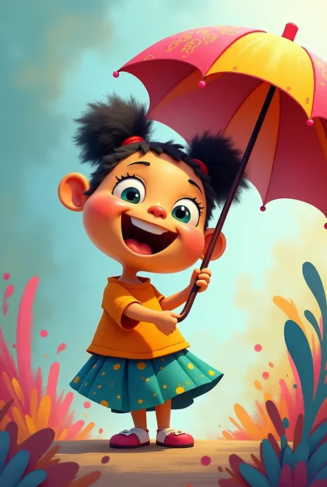 CHEERFUL COLORFUL CHARACTER WITH UMBRELLA REPRESENTING ART 