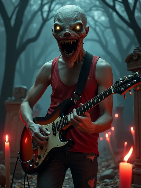 Young man in a red tank top with ripped holes playing the guitar, he has no face, an open mouth with pointy teeth. playing in a cemetery at night with red candles all around.