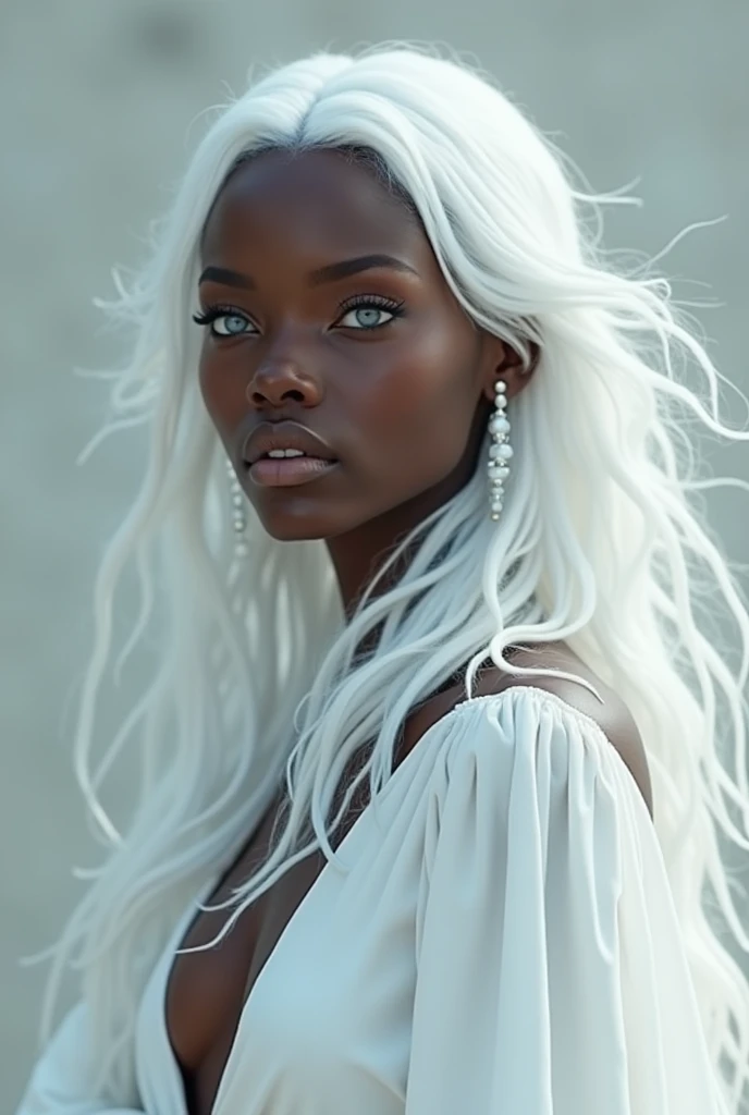 A beautiful black woman with white hair and white eyes wearing a white dress with big eyes