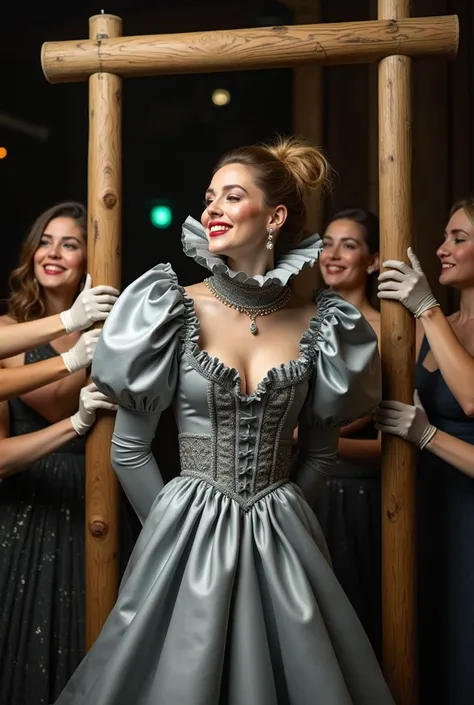 (realistic photograph sideways close up), (a smiling beautiful Caucasian lady with (messy hair bun), she is bowing down wearing a (excessive shiny grey silk gown with (long gigantic puff sleeves), (and with an ultra high tight stand-up collar up to her che...