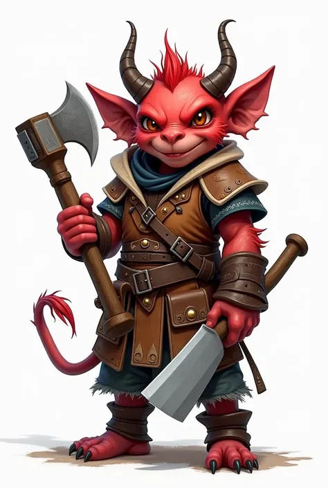 (photorealism:1.2), Cute Half Goblin Half Tiefling bandit, red skin, wearing home-made leather armor, brandishing a pickaxe and kitchen cleaver. White background.