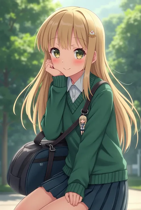 Hyper realistic photograph of a Japanese girl with long blonde hair dressed in a schoolgirls uniform with a green long-sleeved sweater over her uniform.
She wears an Adidas sports bag hanging around her arm with an anime keychain of an idol hanging from th...