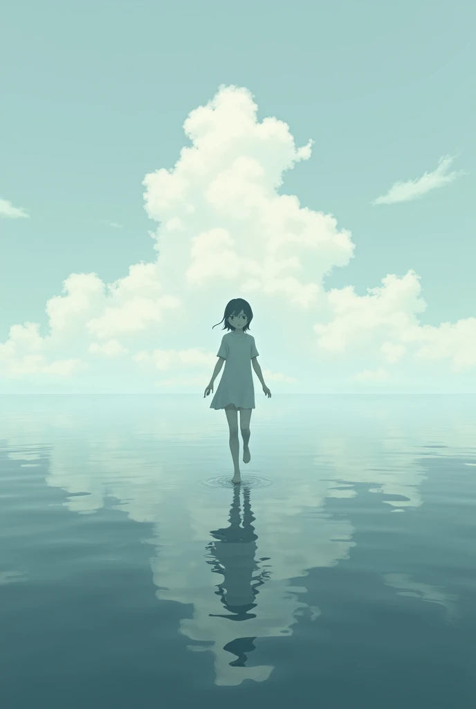 a lonely girl walking across the sea looking at the skies