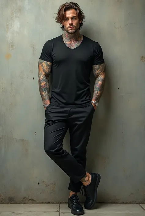 Man of 1,88,  brown with black hair and a degraded hairstyle sturdy and muscular body green eyes strong and venous hands ,  full body tattooed she has a black shirt black suit pants and lounge shoes  . she is against the wall and the one with one arm blist...