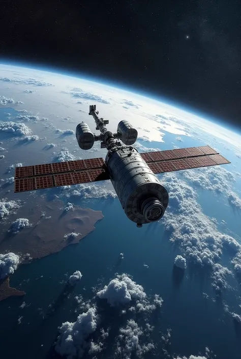  Space Station Mir-1 in the middle plan, flight over the Earth . Continents visible on Earth 