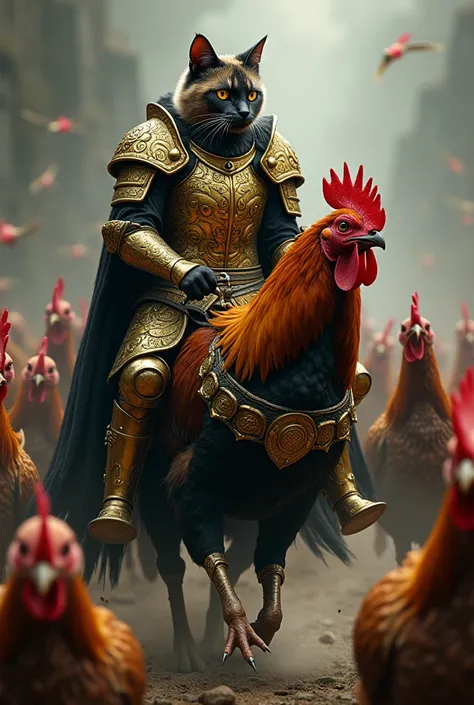 Cat Warrior with Gold on black armor riding a chicken into Battle surrounded by battle-chickens
