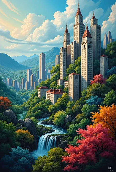 The tension between architecture and nature painted on a canvas with acrylic paints