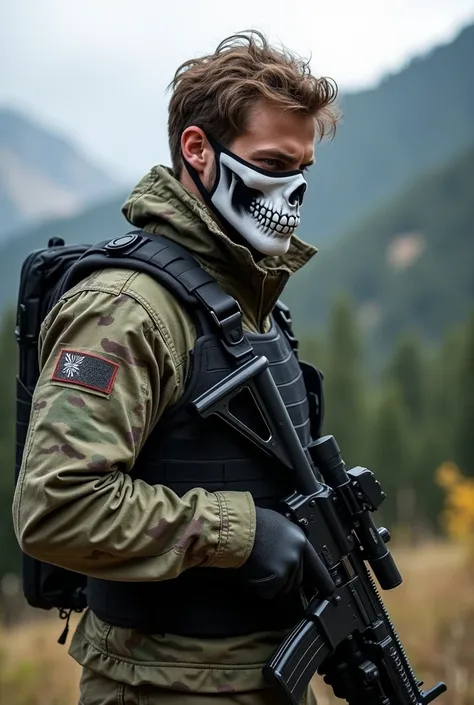  A white-skinned soldier ,  brown hair ,  military camouflage clothing Flecktarn ,  black bulletproof vest , an m4 ,  wearing a white 2d skull mask that reaches his nose,  in a mountainous forest ,  turning his back facing a mountain .