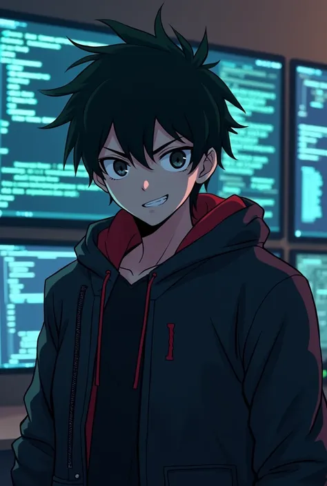 An imposing, 22-year-old anime hacker boy with style in his dark attire, defiant look and sarcastic smile ,  who looks intellectual but also threatening .  In the background of the image there are computers and holograms of hacker algorithms