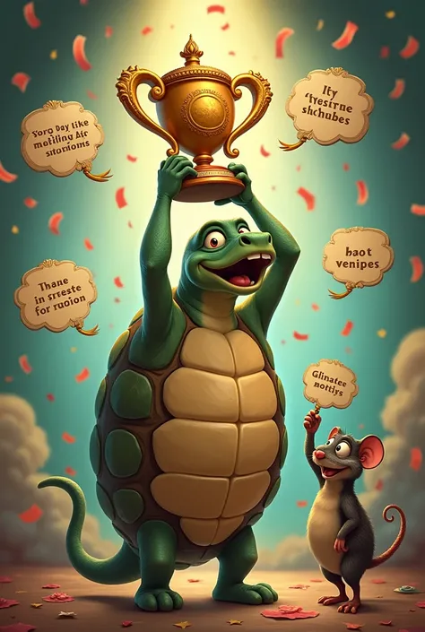 The Creative Excuses Trophy"

 Scene: Terry holding the Tortoise Trophy for Most Creative Excuses for Not Showing Up, with rat proudly holding it high.
 Style: Fanciful, ornate details with a hint of mischief.
Mood: Surprised, delighted, and proud.
 Additi...