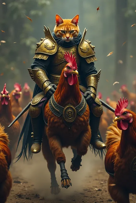 Cat Warrior with Gold on black armor riding a chicken into Battle surrounded by battle-chickens
