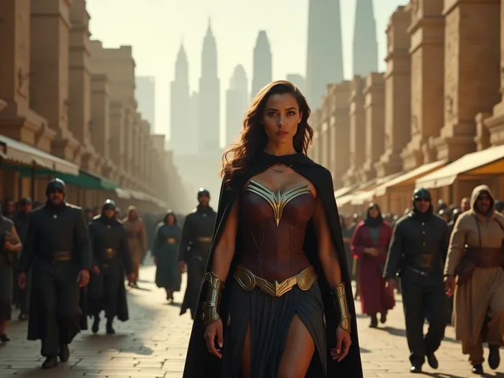 Bustling streets of Cairo. Skyscrapers rise beside ancient landmarks.
Visuals: Diana walks through the city in a sleek, modern cloak over her armor, blending into the crowd. The camera focuses on her regal stride and confident aura. A shadowy figure tails ...