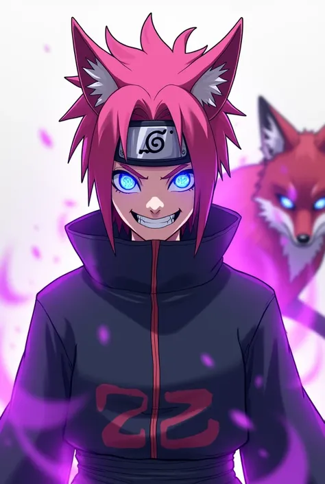  A Naruto-like character ,  blue eyes , pelo rosado, ninja clothes, shiny eyes, fondo blanco,  a terrifying smile , with a purple aura ,  a nine-tailed fox in the background.