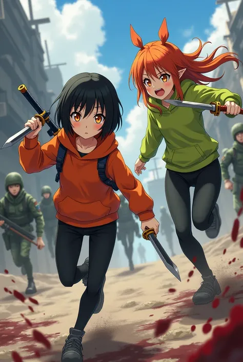 An anime girl with fair skin and black short hair,  is wearing an orange hoodie and has black leggings, and a katana on her back ,  holding two knives and next to her stands her buddy who has light skin and lime green hoodie,  very long orange hair , holdi...