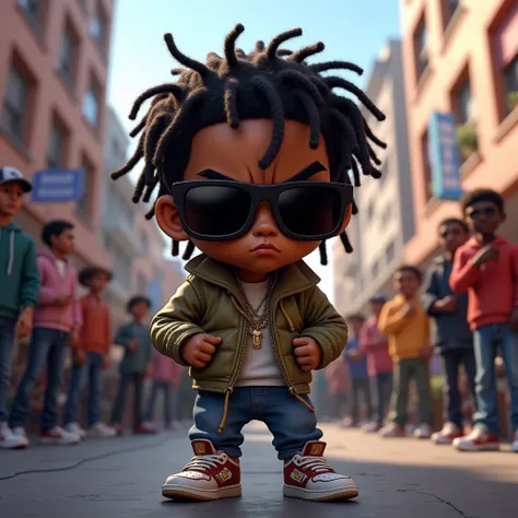 animated character image of small mean black man dreadlock wearing black sunglasses with sneakers performing music with people and in the background