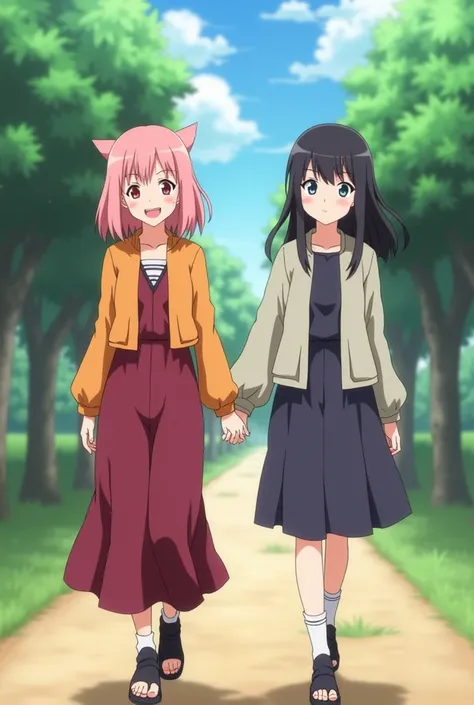 In the world of Anime Naruto

Sakura with medium pink loose salmon hair happily walking hand in hand with her friend with medium dark loose hair admiring her. They were both dressed up and smiling at each other . 