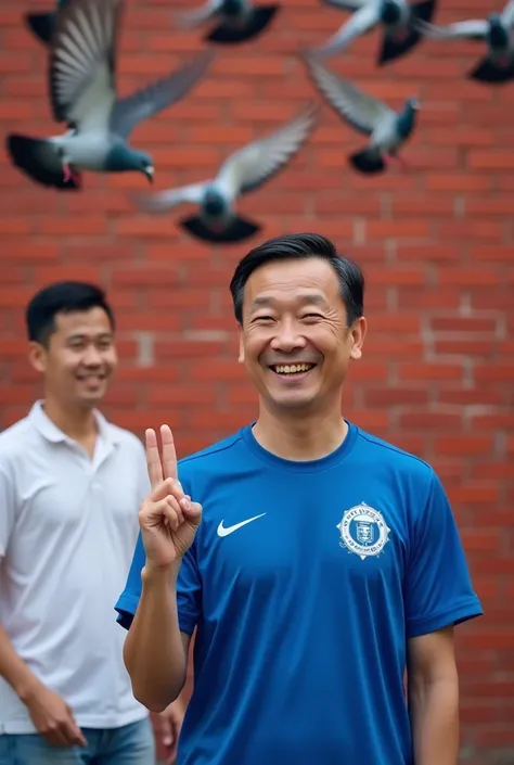 THE CHINESE MAN, INSISTING, SMILED. HE WAS WEARING AN ALL BLUE FOOTBALL SHIRT, NO PATTERN, WITH THE WORD LUI, WITH THE CHIANG MAI FC LOGO, WHITE ON THE LEFT CHEST OF THE SHIRT, HIS RIGHT HAND STRETCHED TWO FINGERS, THE BACKGROUND WAS A RED BRICK WALL, THER...