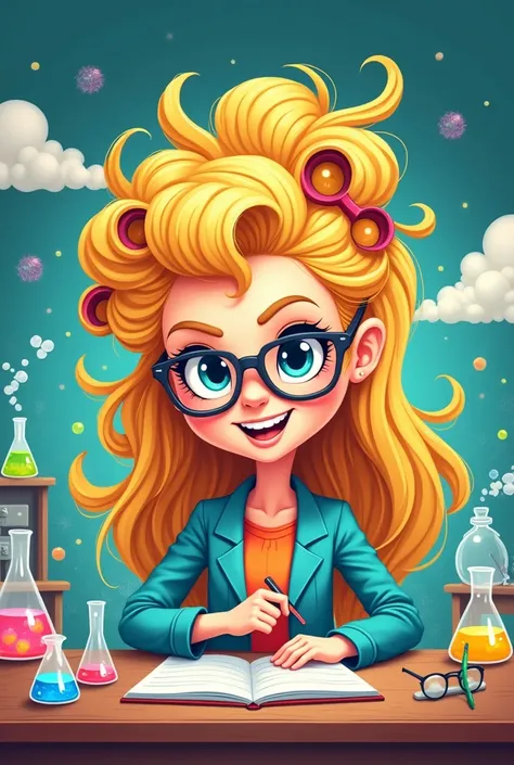  Make a cartoon of a blonde teacher with curlers, long hair glasses and with some element of physical science 
