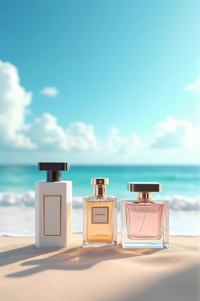 create an image of 3 perfumes together on a beach  