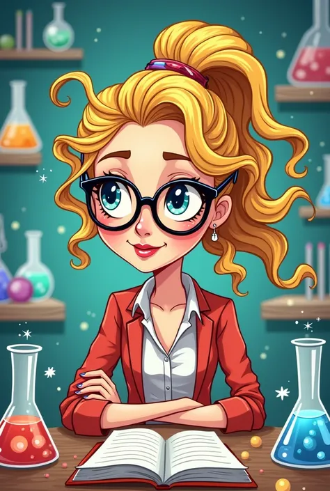  Make a cartoon of a blonde teacher with curlers, long hair glasses and with some element of physical science 
