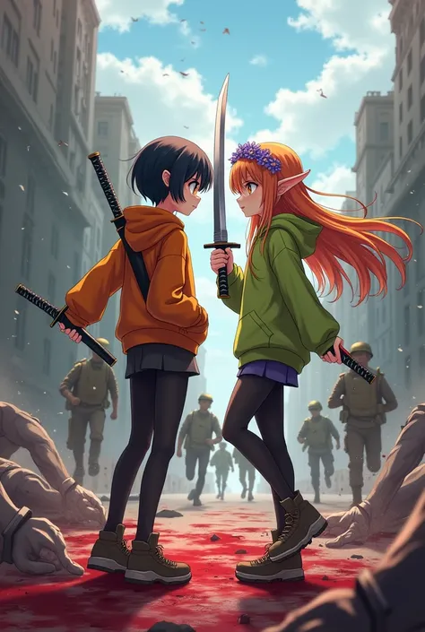 An anime girl with light skin , round ears and black short hair ,  is wearing an orange hoodie and has black leggings, and a katana on her back ,  holding two knives and next to her stands her buddy who has light skin and lime green hoodie,  very long oran...