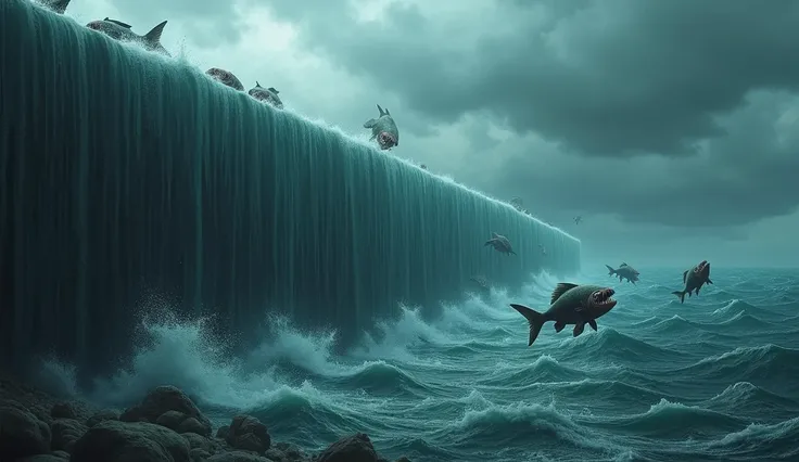  A surreal scene illustrating the end of the sea :  a huge vertical water wall that marks the absolute limit of the ocean.  After this wall ,  there is nothing left but an infinite abyss , dark and oppressive .  Deformed and frightening fishes ,  with grot...